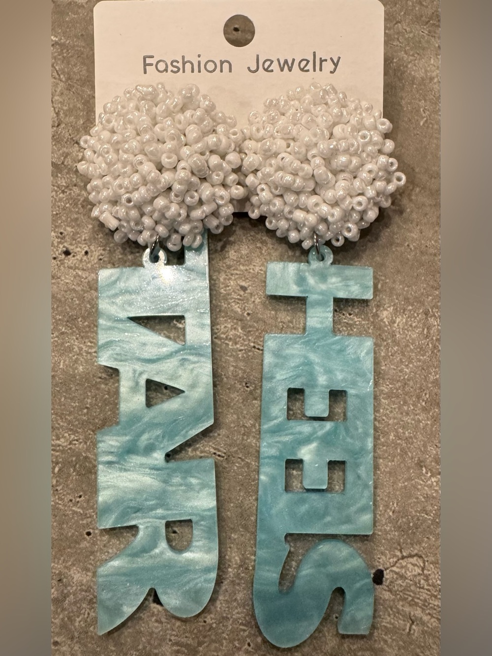 NEW UNC “TAR HEELS” Dangle Statement Earrings, White Beaded in UNC Blue Marbling